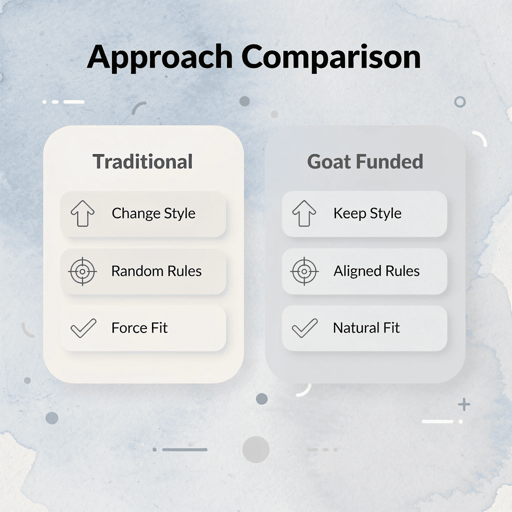Comparison table showing traditional vs Goat Funded approaches