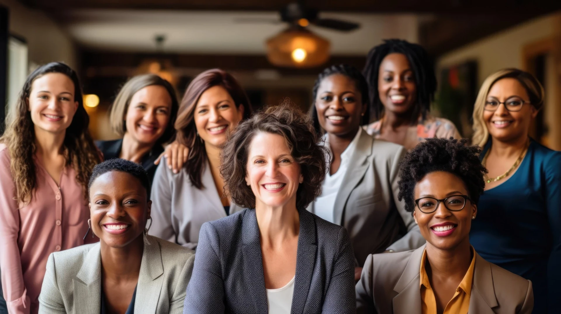 A imagem mostra um grupo de mulheres sorridentes, todas com trajes profissionais, transmitindo uma atmosfera de empoderamento, união e diversidade. Cada uma exibe uma expressão amigável, sugerindo camaradagem e confiança mútua. A variedade de estilos de cabelo e tons de pele destaca a inclusão e a representação de diferentes etnias, o que enriquece o contexto de diversidade e força feminina. A cena remete a um ambiente profissional, onde essas mulheres parecem seguras e conectadas umas com as outras, simbolizando liderança e colaboração.