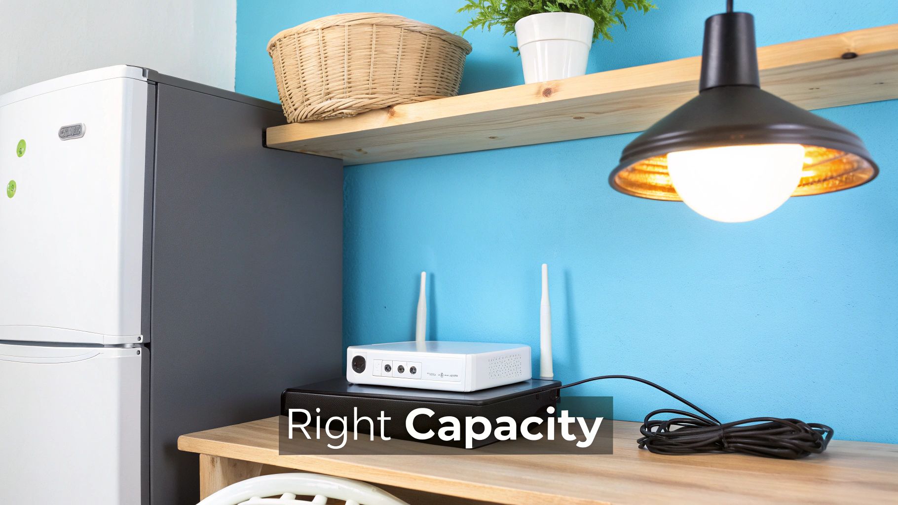 A white home router with two antennas sits on a black stand on a wooden desk.