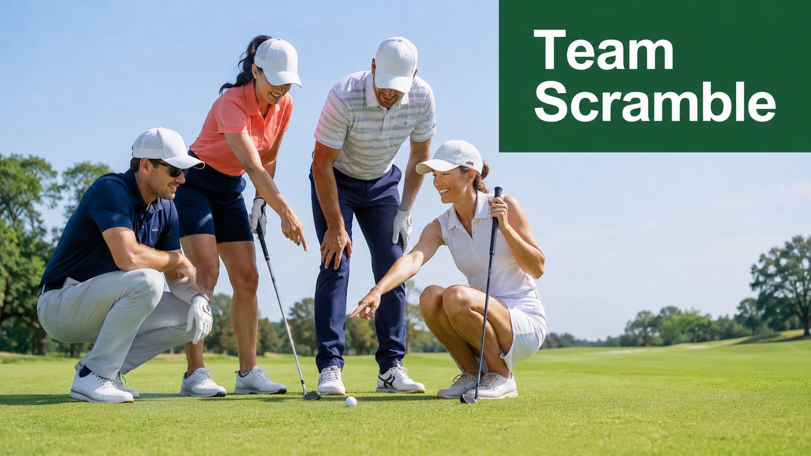 A diverse group of four golfers looking at a golf ball on a sunny green golf course.