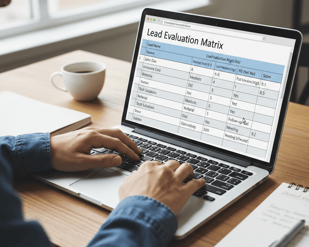 Post-event lead evaluation showing a structured contact list with notes, intent levels, and follow-up status.