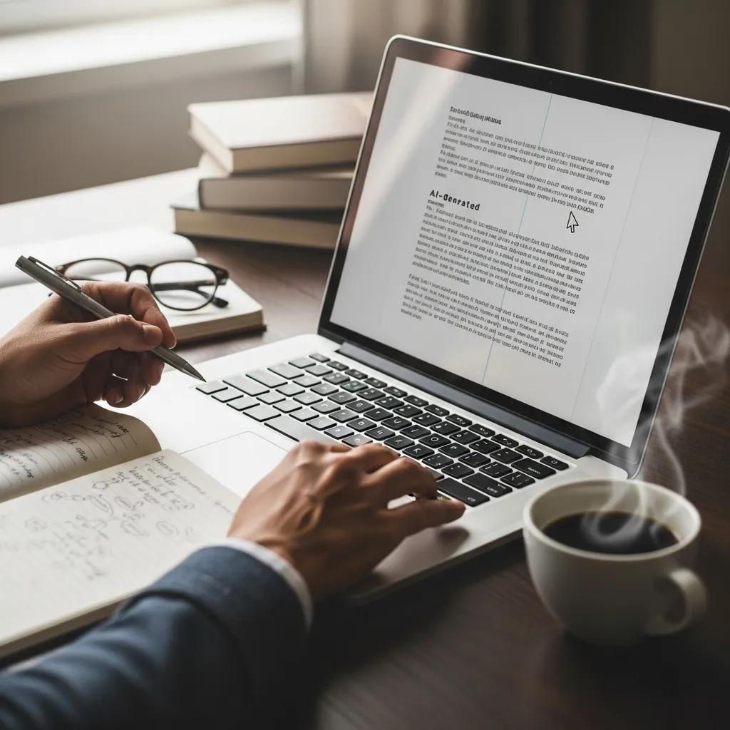 Person editing a draft on a laptop with handwritten notes and coffee, highlighting the human editing process