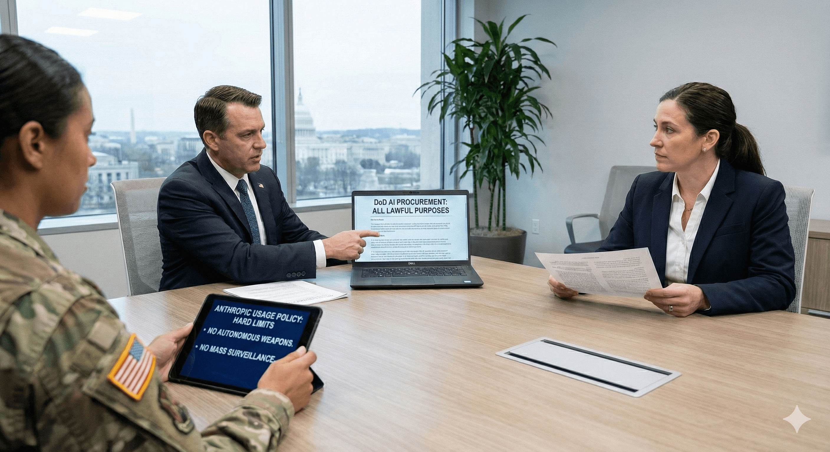 In a modern office overlooking a cityscape, three individuals in professional attire engage in a serious discussion around a conference table, with a laptop displaying a document about lawful purposes, reflecting themes of AI safeguards and surveillance.