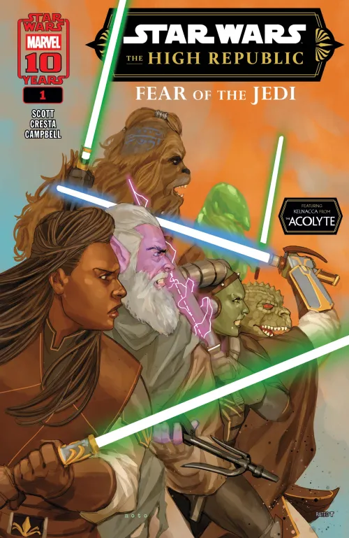 Cover for Marvel Comics The High Republic: Fear of the Jedi #1. The cover features Jedi Master Keeve Trennis, Kelnacca, Lourna Dee, Tey Sirrek, Sskeer, and Orba Lin charging with lightsabers. There is also a sitcker representing The Acolyte