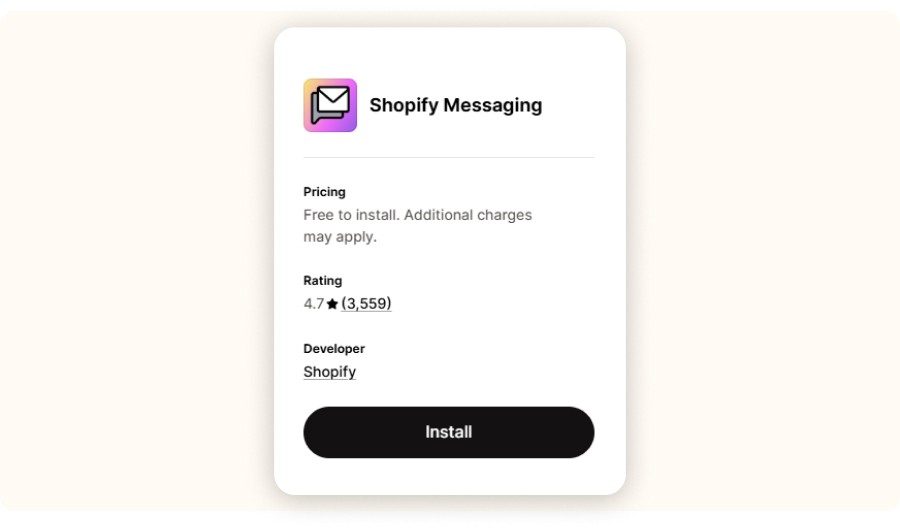Shopify Messaging app listing with pricing, rating, developer, install button&nbsp;