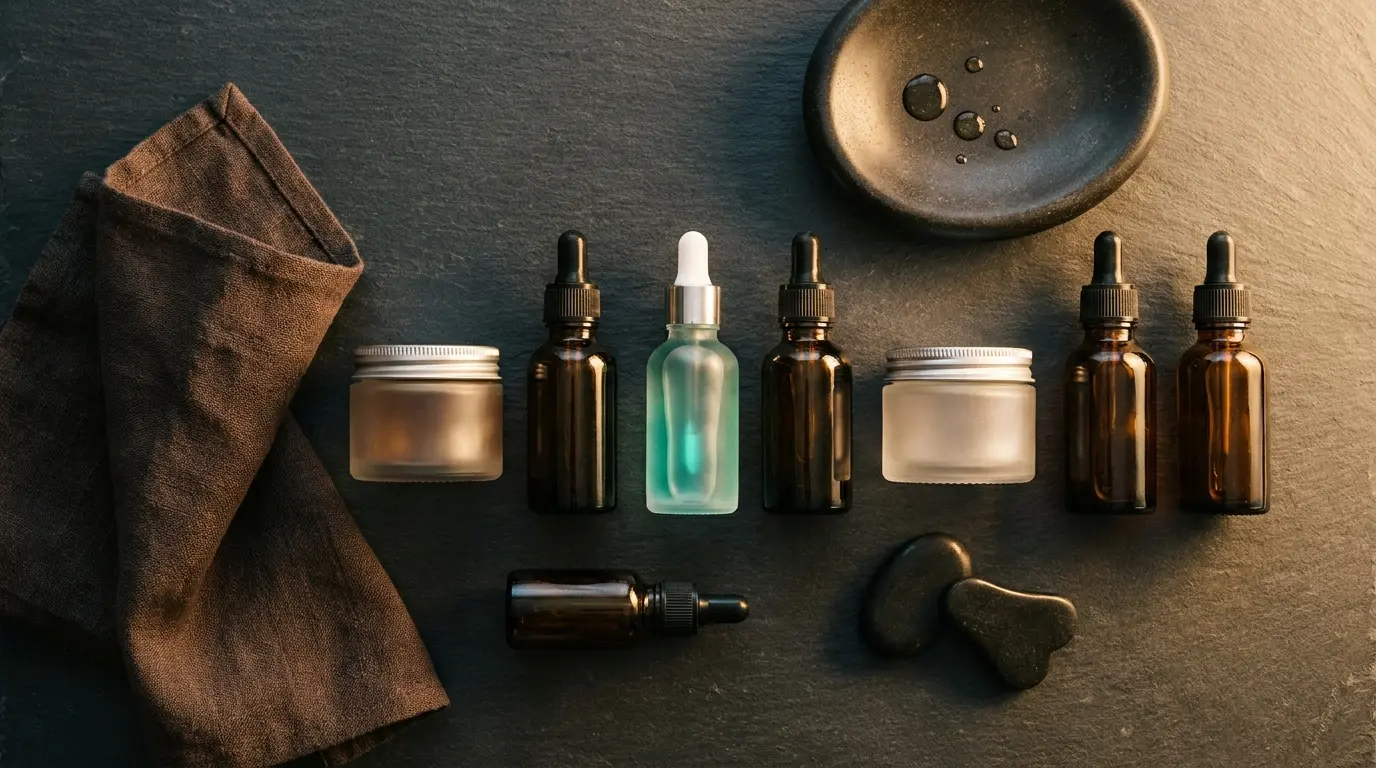 Overhead flat lay of medical-grade men's serums with a single teal serum accent.