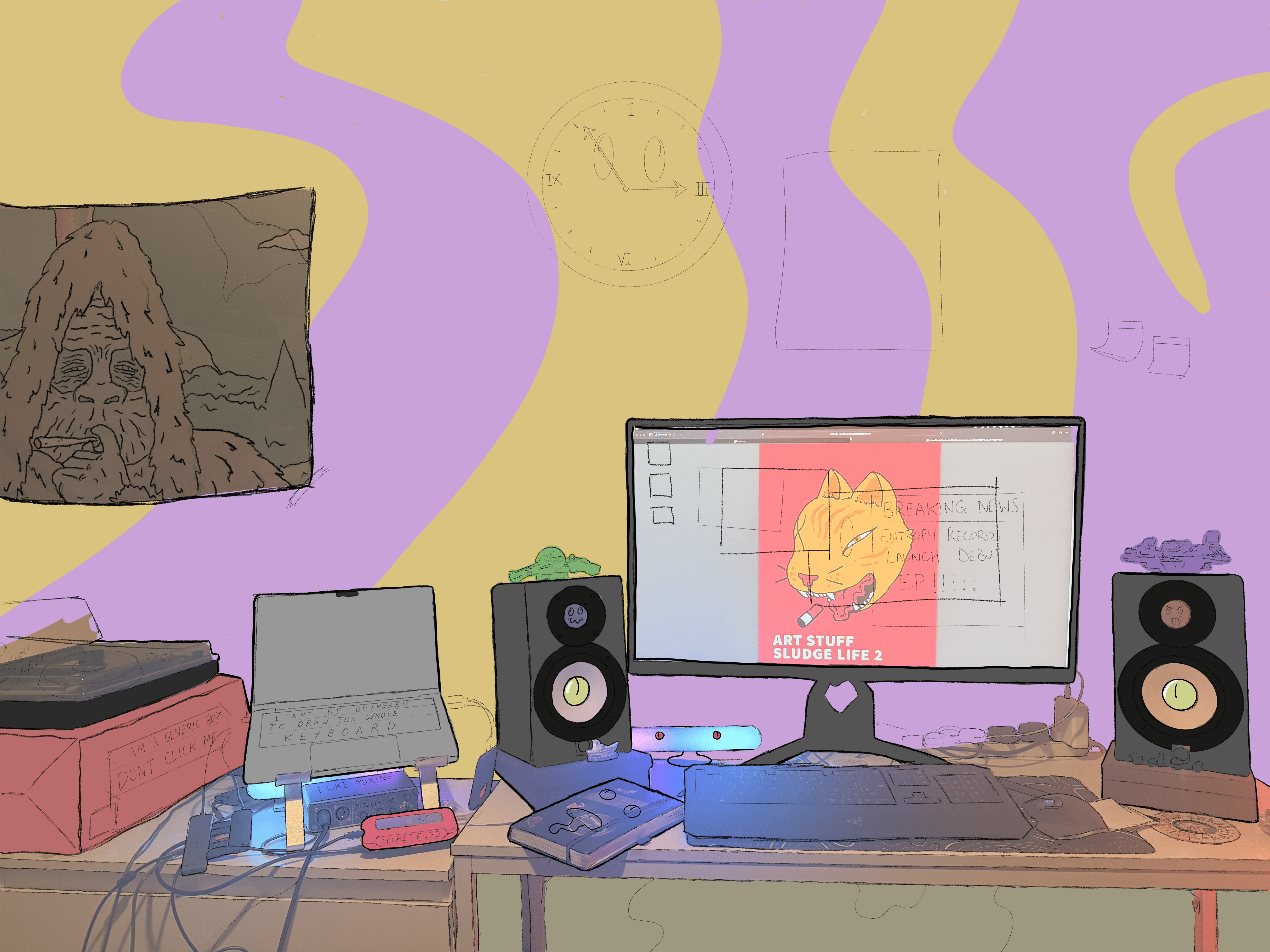 Front-on view of a vibrant music studio. The desk has music equipment on it and the wall behind has posters, a noticeboard and a clock.