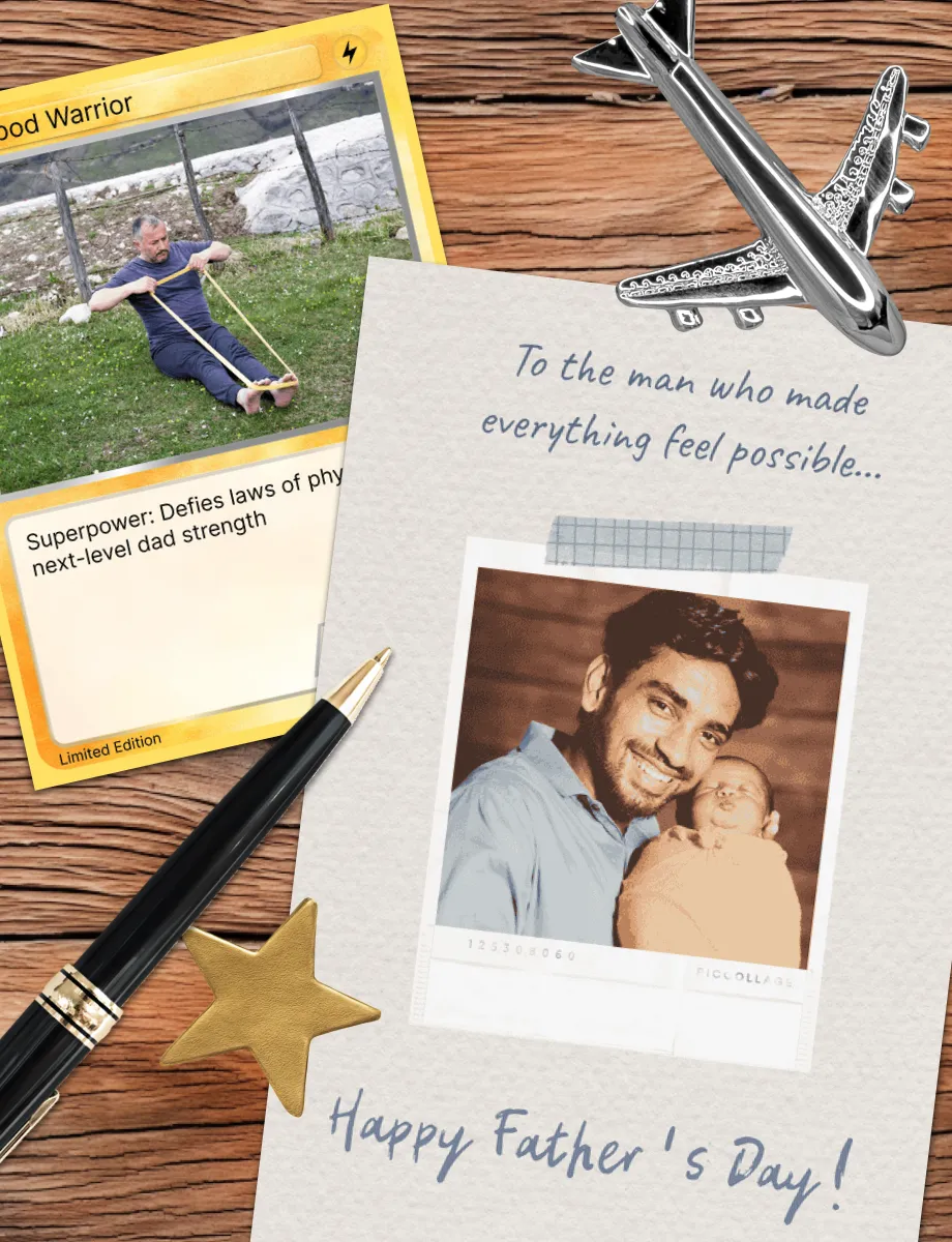 Flat-lay personalised Father's Day card with a 'Dad Warrior' trading-card design, a photo note, and small keepsakes.