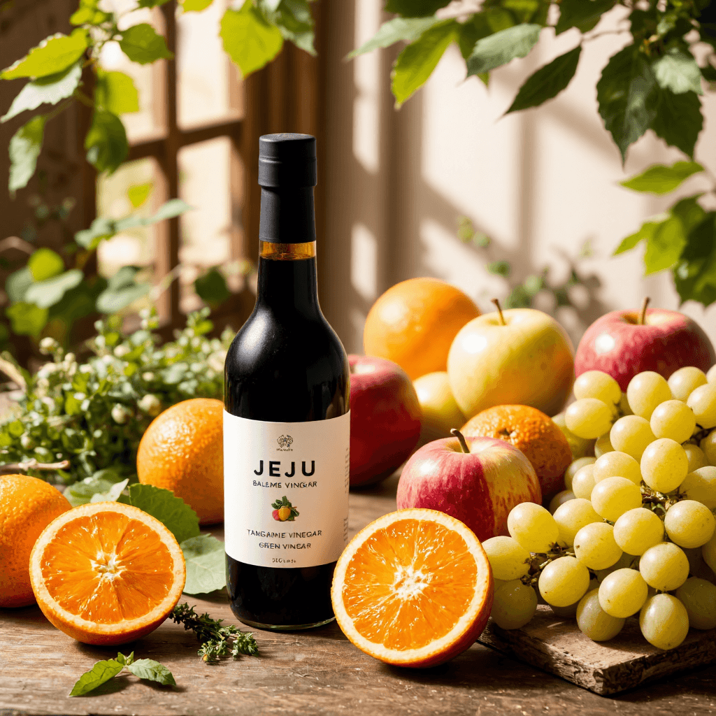 product photography of Jeju tangerine, apple, green grape balsamic vinegar gift set