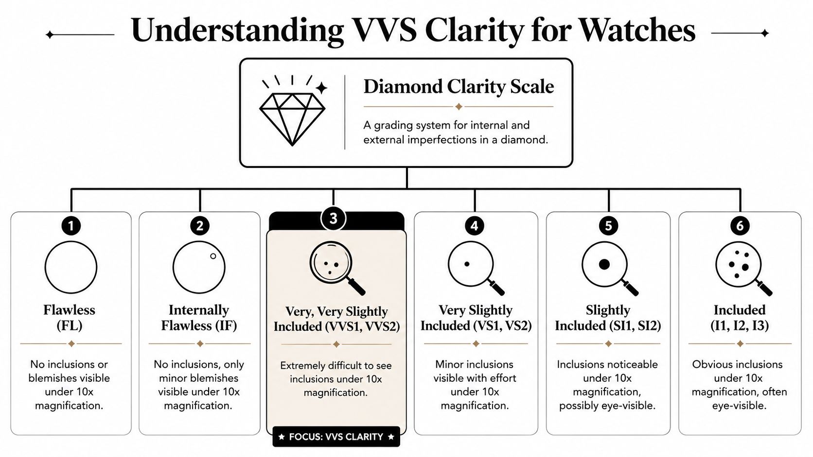 A chart explaining the diamond clarity scale with grades from Flawless to Included for watch enthusiasts.