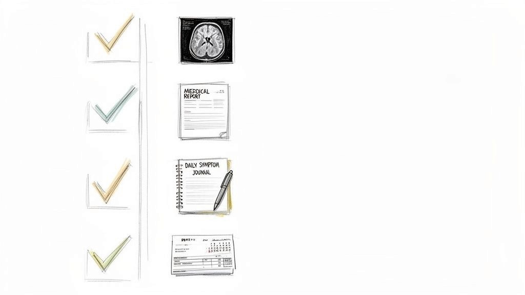 A checklist showing completed medical tasks: brain MRI, medical report, symptom journal, and calendar.