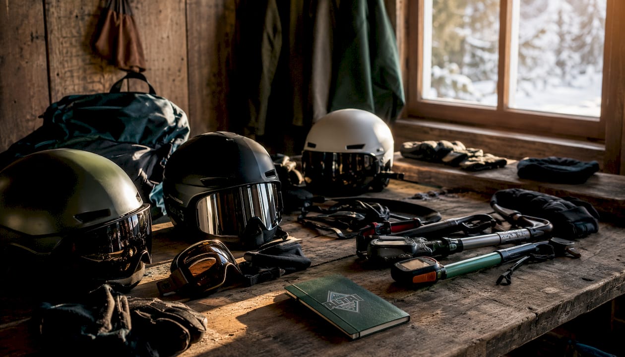 Ski safety equipment arranged on a wooden table indoors