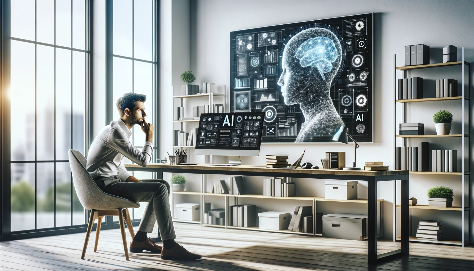 A man sits at a desk in a modern office, looking at multiple screens displaying AI and brain graphics, all arranged in a 3:2 ratio format.