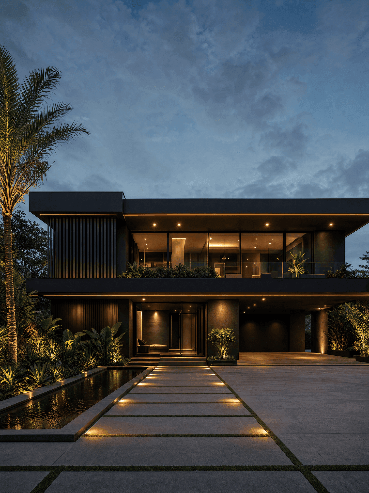 Fachada noturna da Casa Maré em Cidade Jardim com 455 m² e brises verticais de madeira