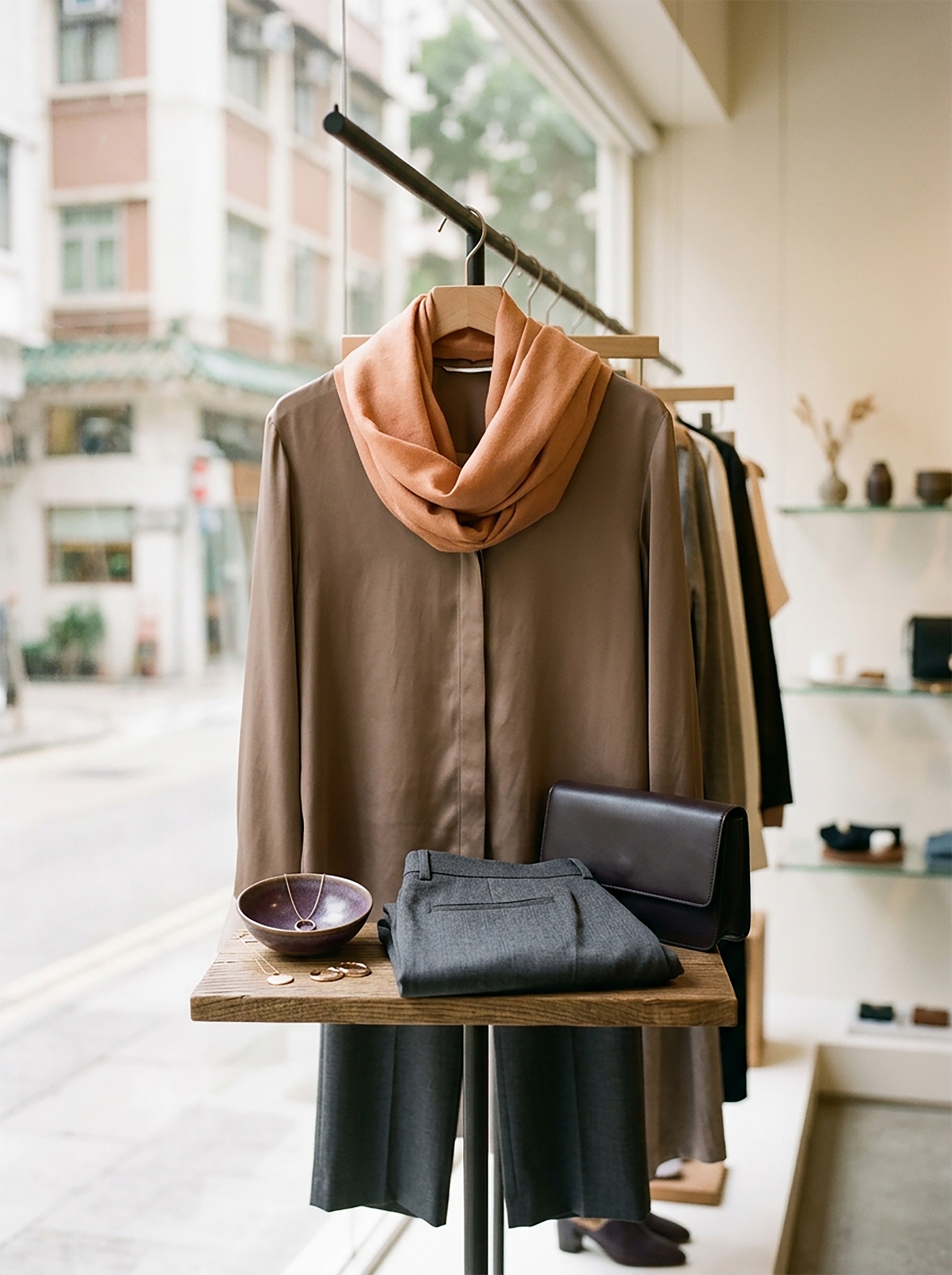 A curated fashion outfit from a Hong Kong boutique, ready to wear for the evening.