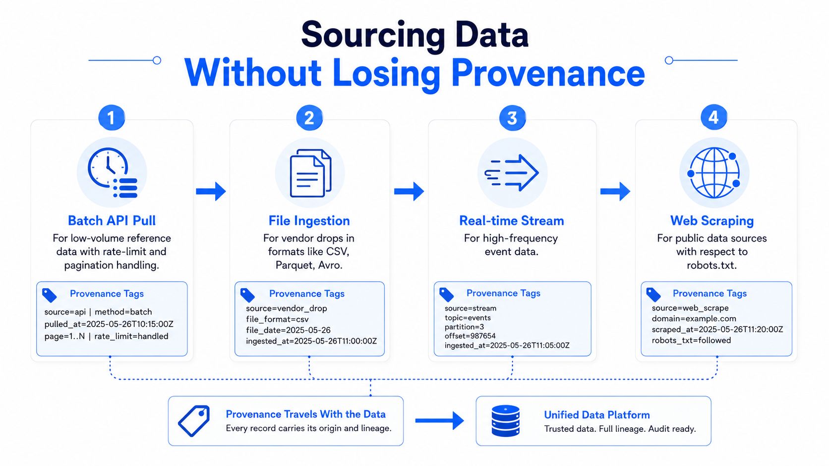 A diagram illustrating the process of sourcing data from different channels while maintaining provenance and lineage metadata.
