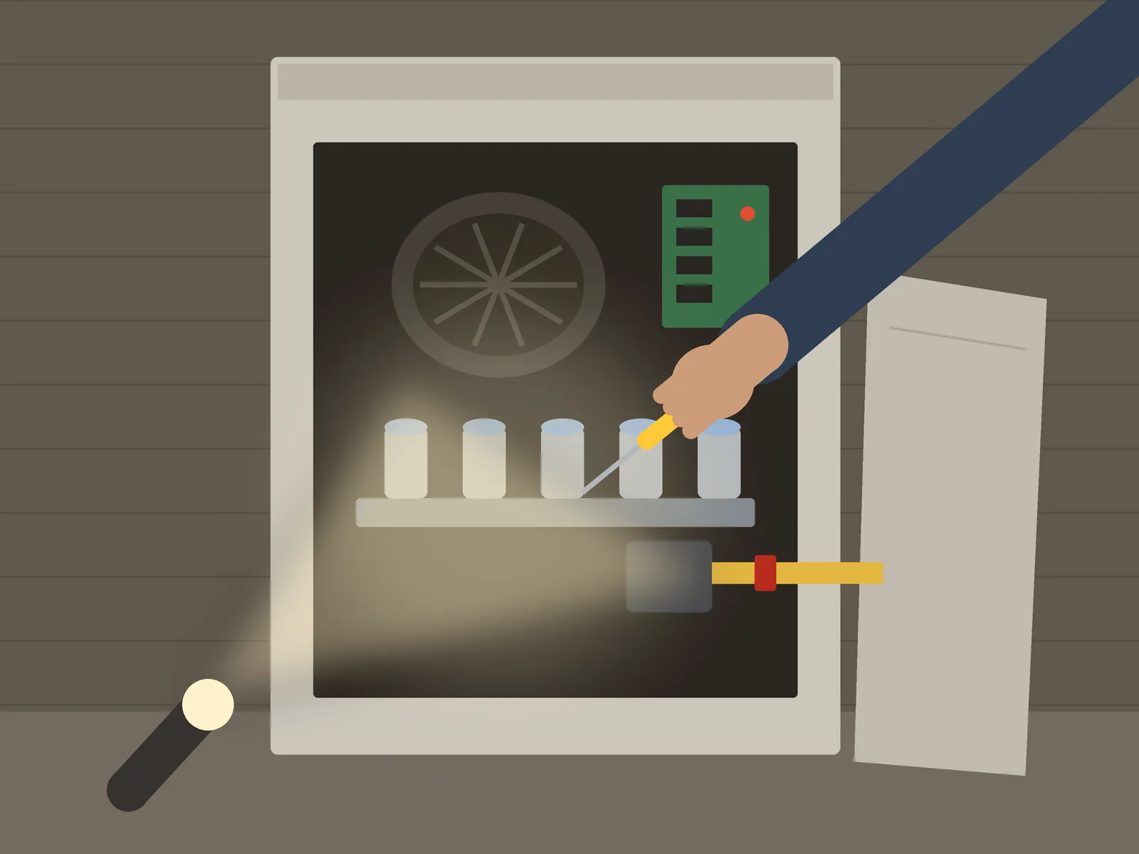 Technician working inside an open furnace with a flashlight and screwdriver