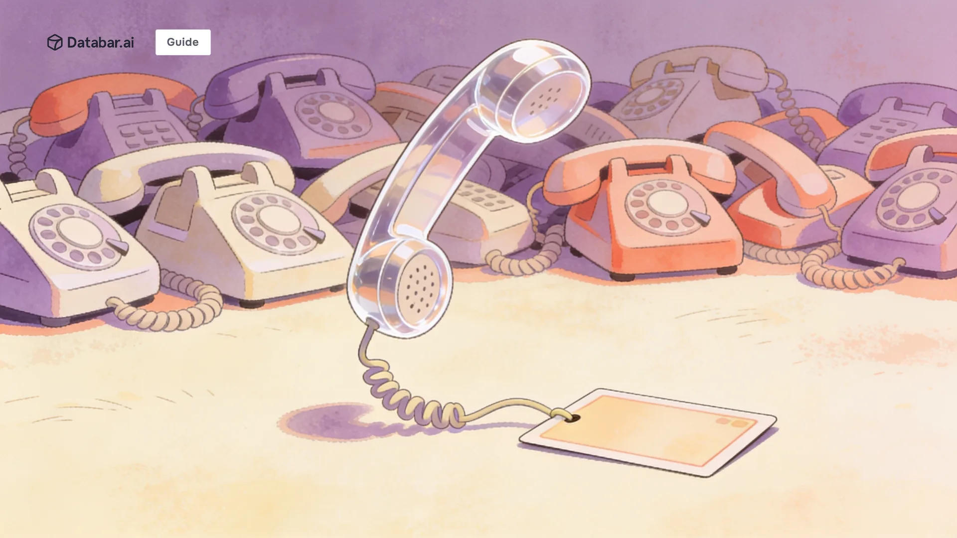 Illustration of a heap of telephone handsets with one lifted clear and linked by a cord to a single card — Reverse Phone Lookup: How to Find Caller Identities Fast