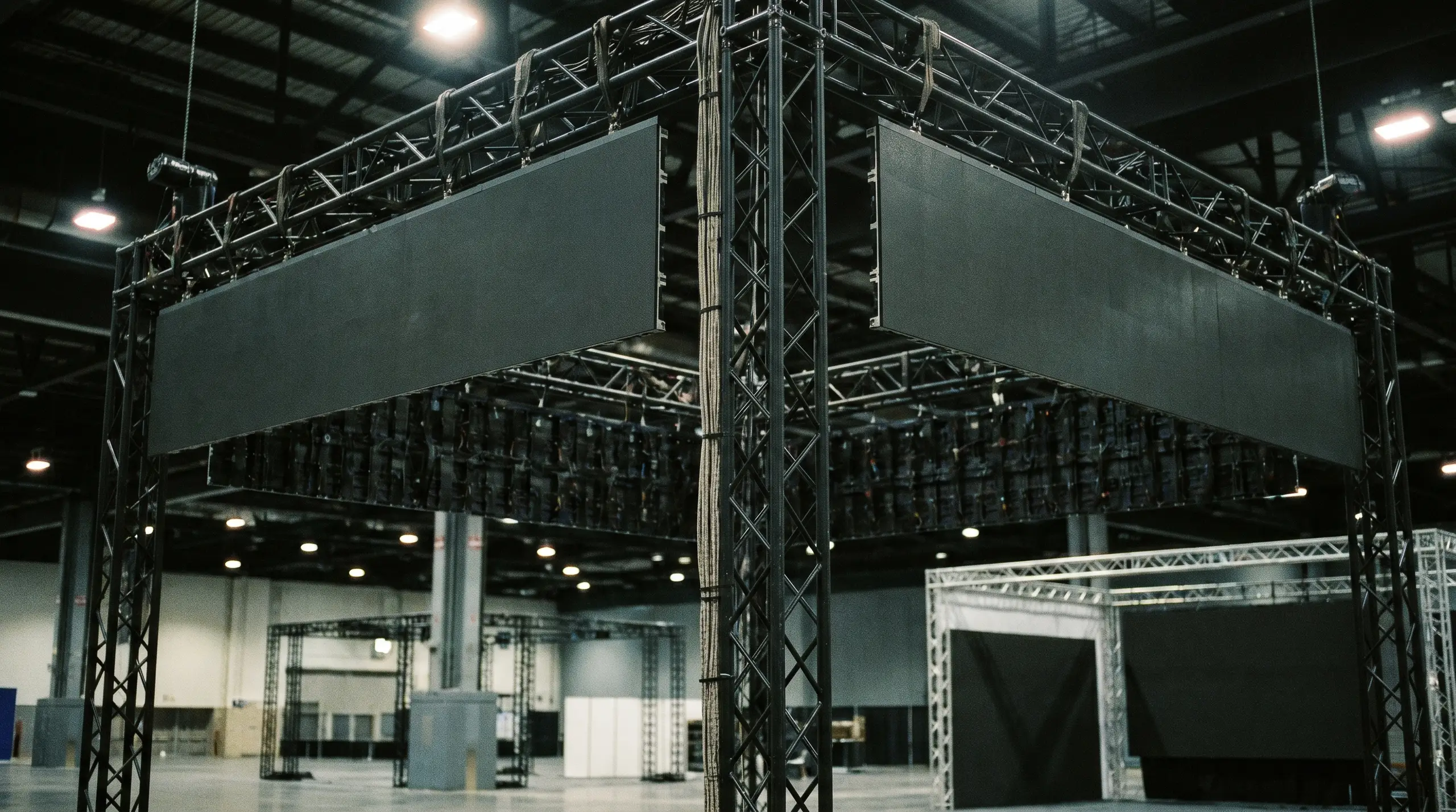 A large metal stage lighting truss structure spans the upper part of a dark indoor arena, with two tall gray banner-like panels and a lattice support column in the center. Overhead beams and bright work lights illuminate the truss.