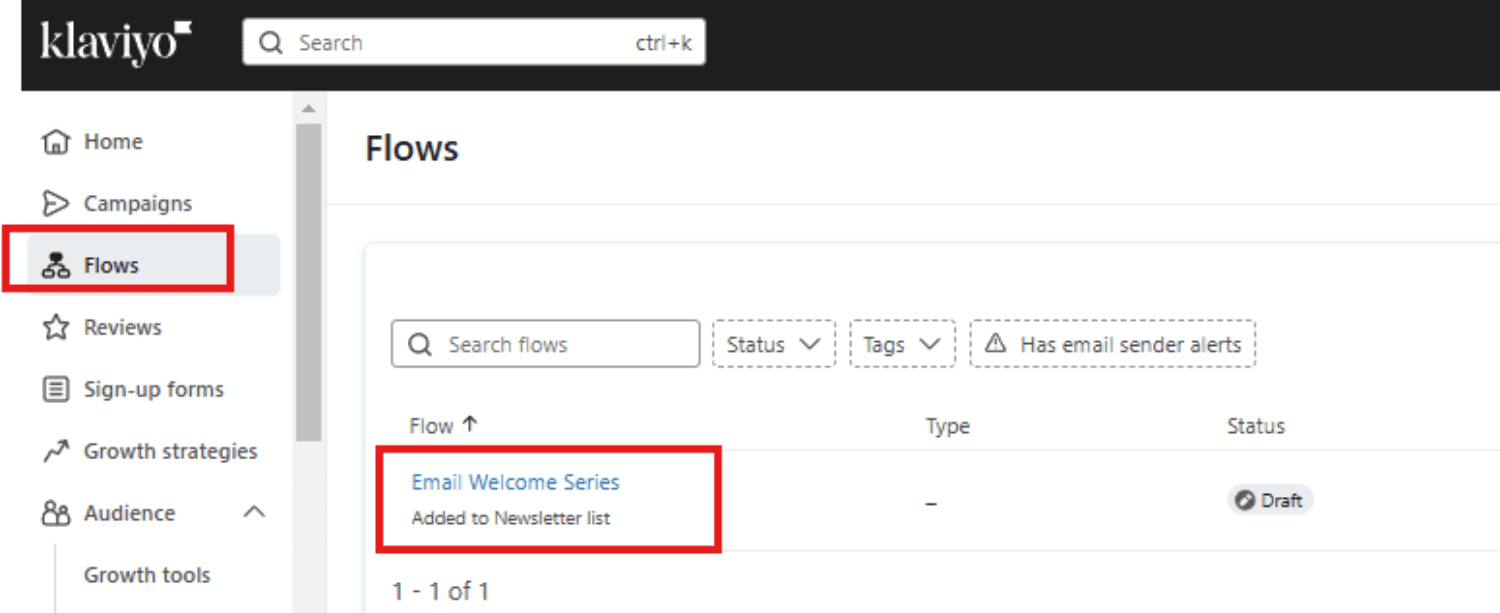 Navigate to Flows.png – Klaviyo dashboard showing the "Flows" section with an "Email Welcome Series" flow in draft status.