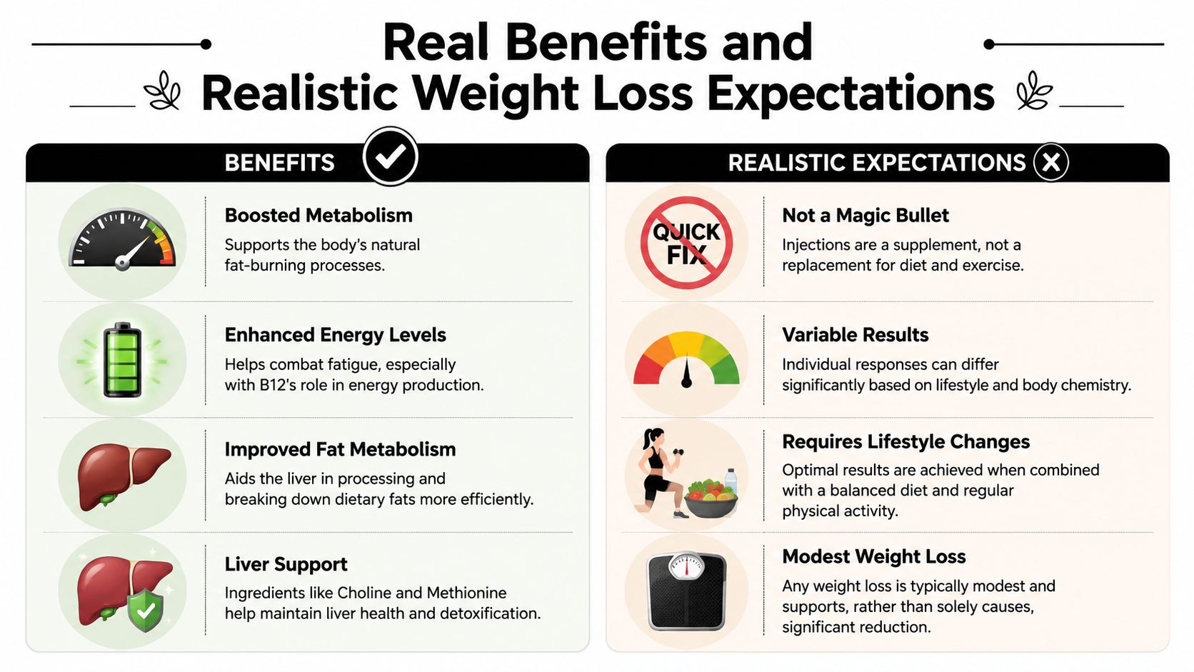 An infographic detailing the benefits and realistic expectations of using Lipo-MIC B12 injections for weight management.