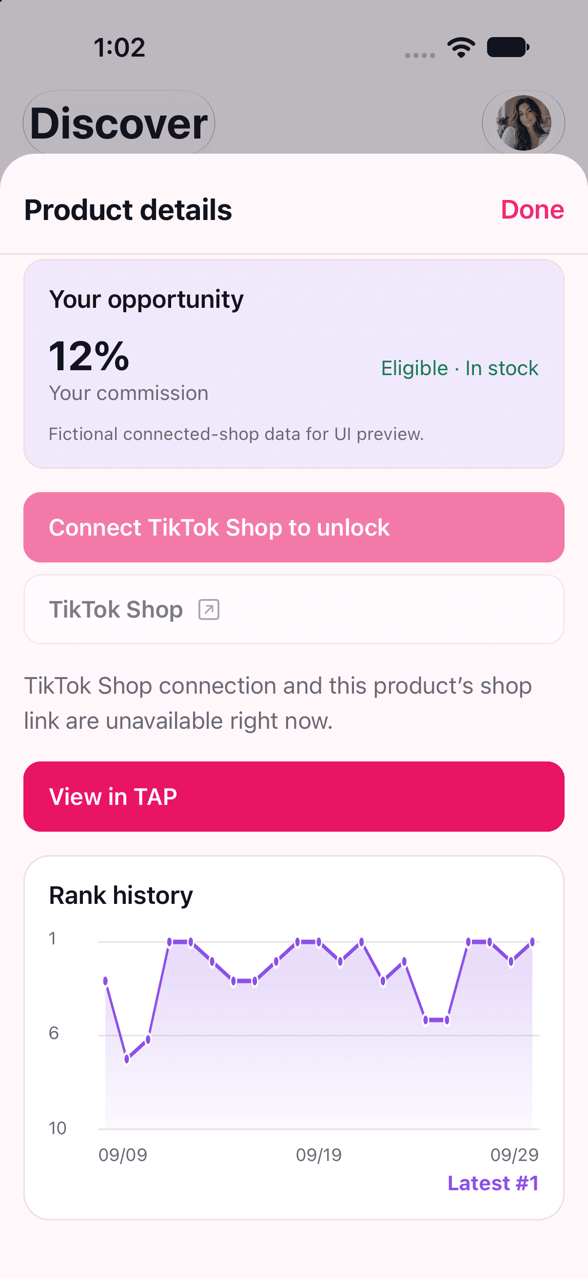 commission & rank history — illustrative app preview