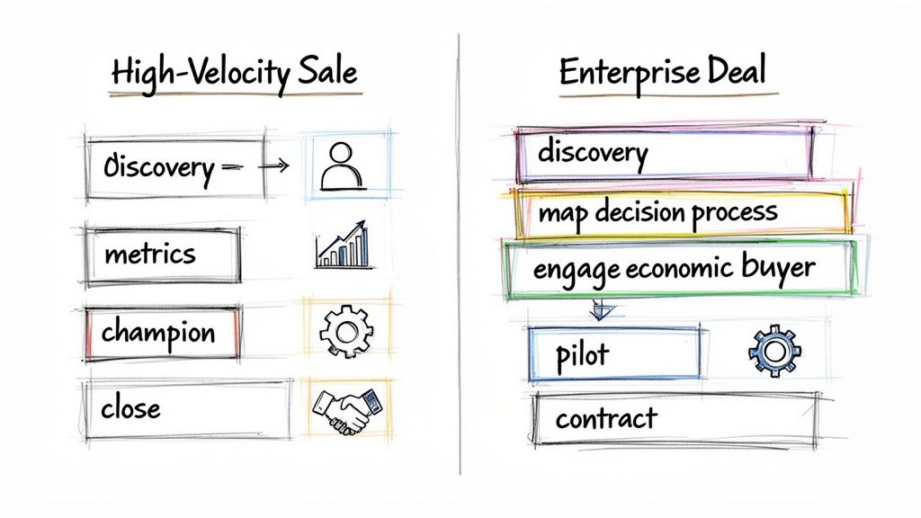 A diagram comparing high-velocity sales steps (discovery, metrics, champion, close) with enterprise deal stages (discovery, map decision process, engage economic buyer, pilot, contract), each with icons.