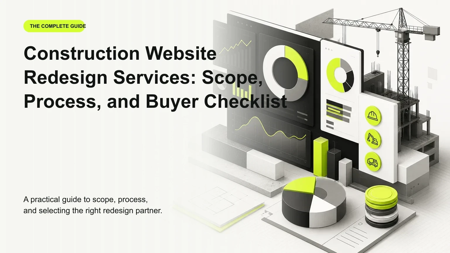 Construction Website Redesign Services cover with the article title and a construction dashboard illustration.