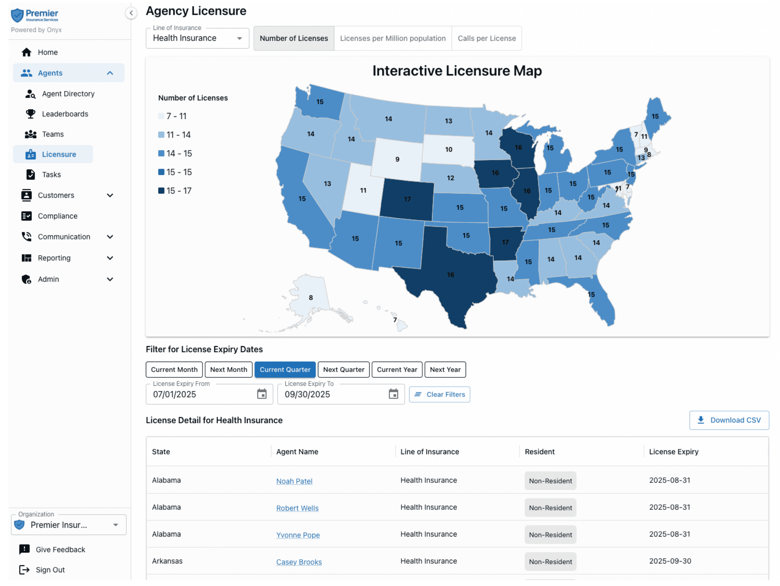Platform screenshot of the agency licensure screen with a map of the USA with number of licenses in each state