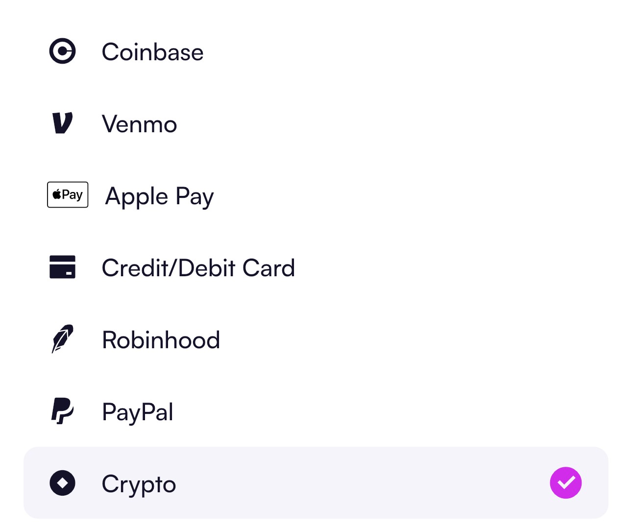 Moonshot wallet deposit options: credit, debit, Apple Pay, Venmo, PayPal, bank transfer, Robinhood, Coinbase; can send crypto