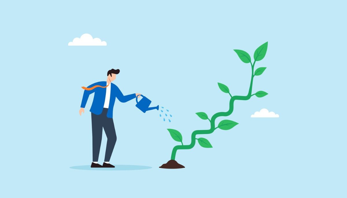 Illustration of a professional watering a growing plant, symbolizing career advancement and the creation of new growth opportunities.