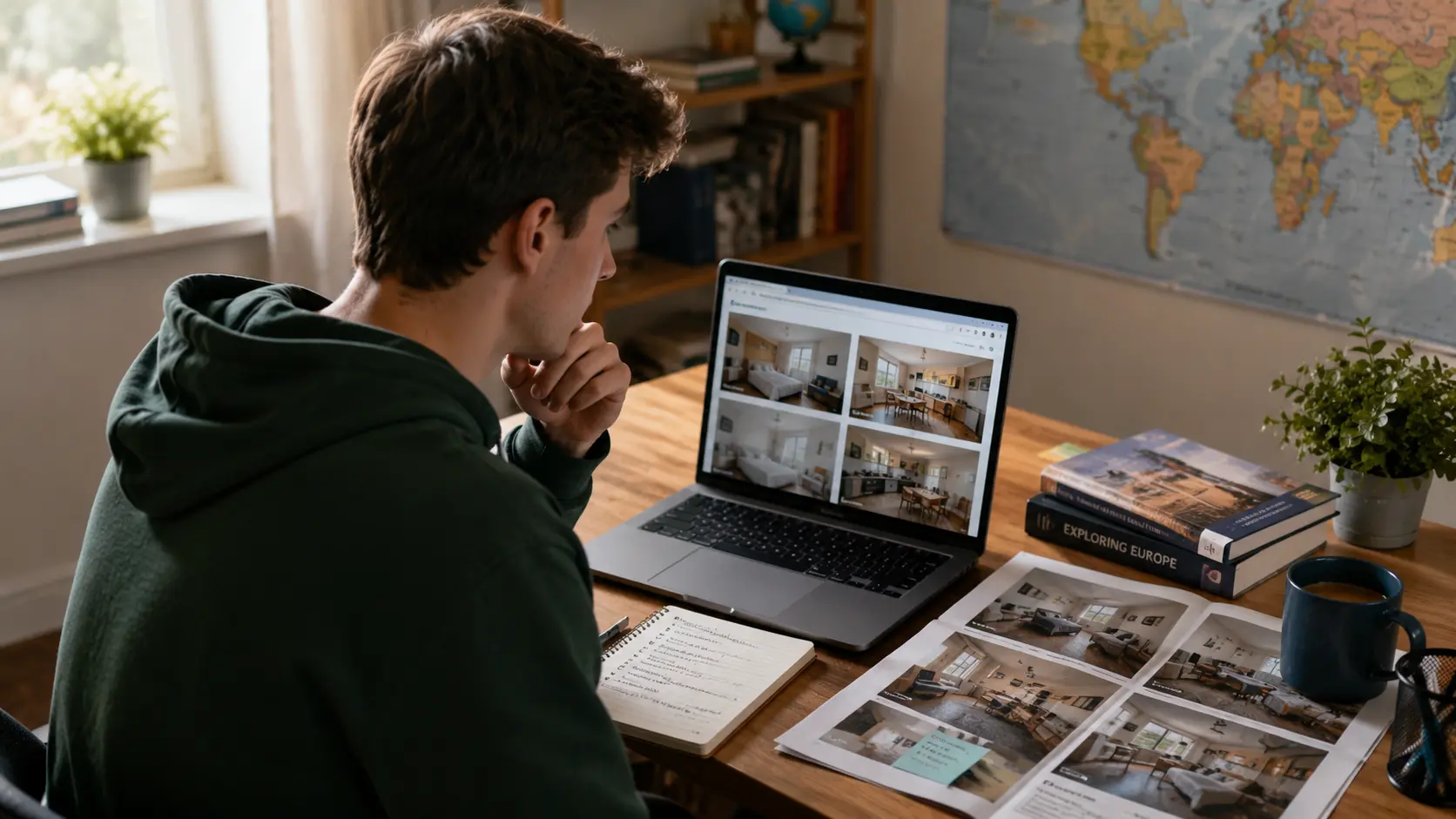 Student comparing different accommodation options abroad on a laptop, including modern and more traditional rooms, shared flats, and private living spaces.