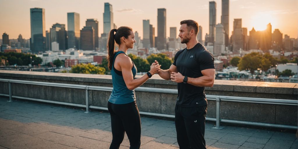 Trainer and client exercising outdoors at sunset.