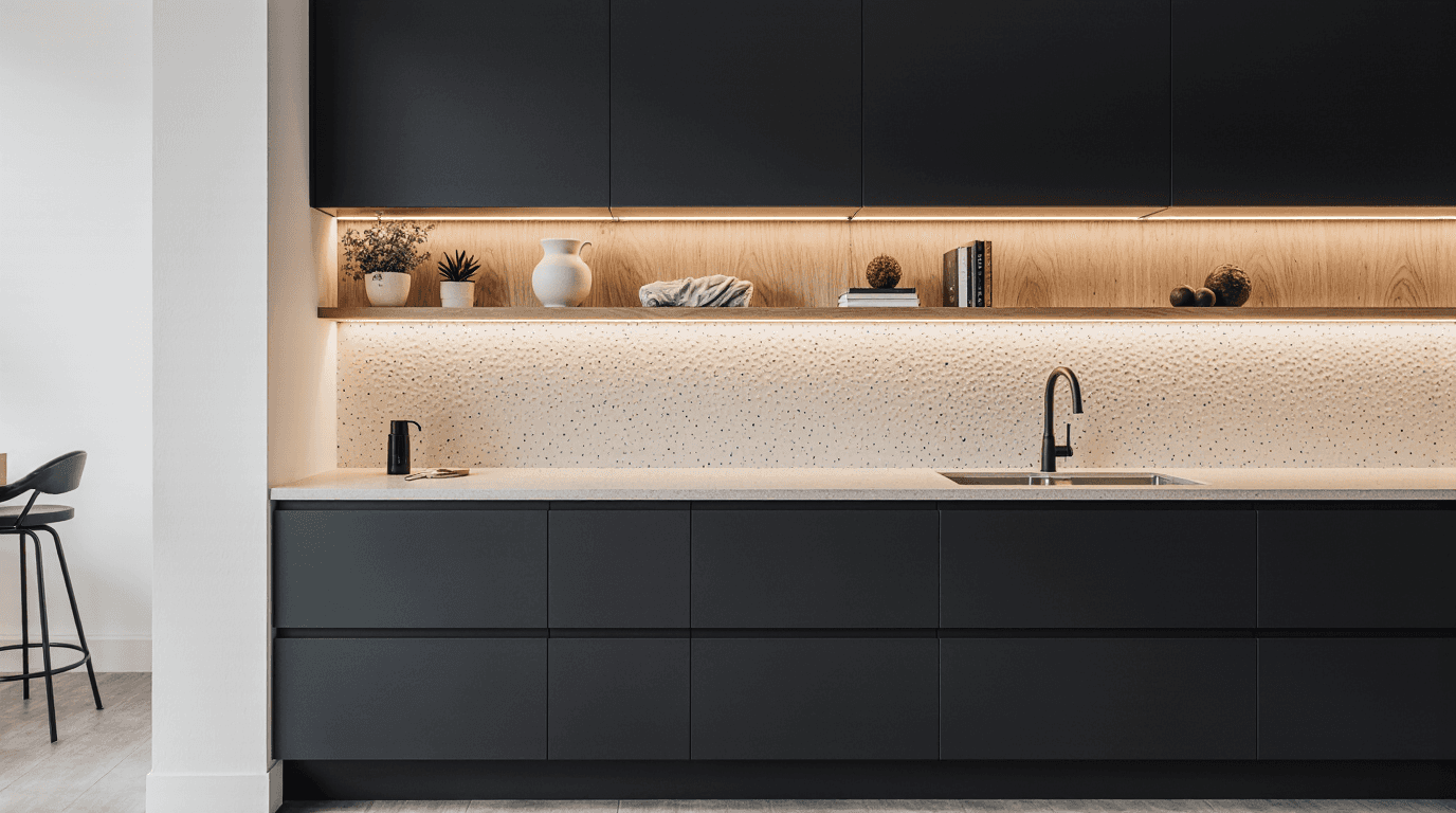 Modern kitchen with black cabinets, a textured light backsplash, and open wood shelves with decor items.