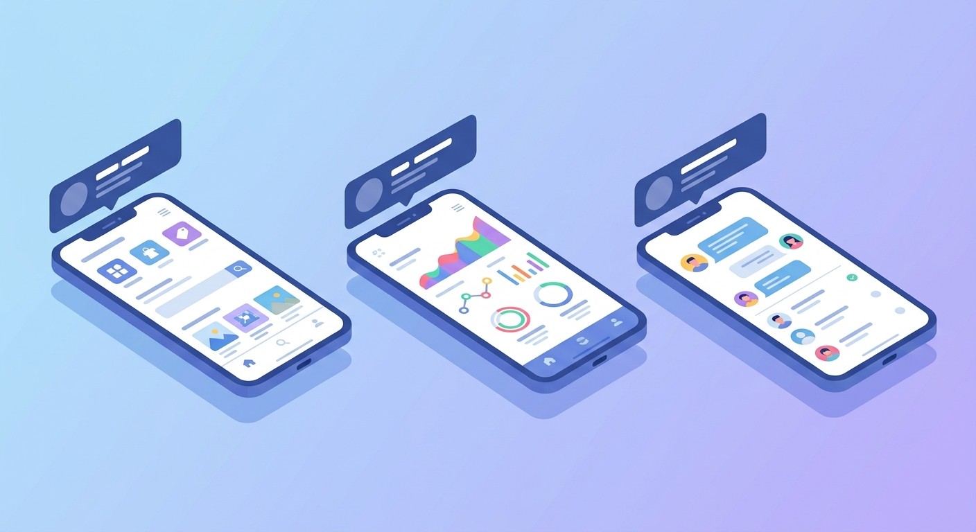 Illustration of a row of App Store screenshots with benefit captions