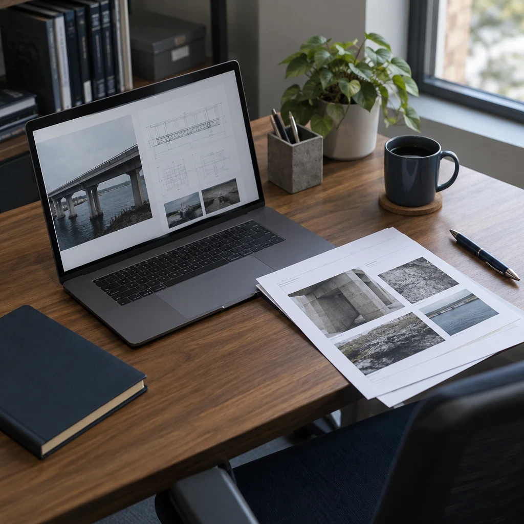 Bureau avec ordinateur portable, rapport imprimé illustré de photographies et carnet de notes