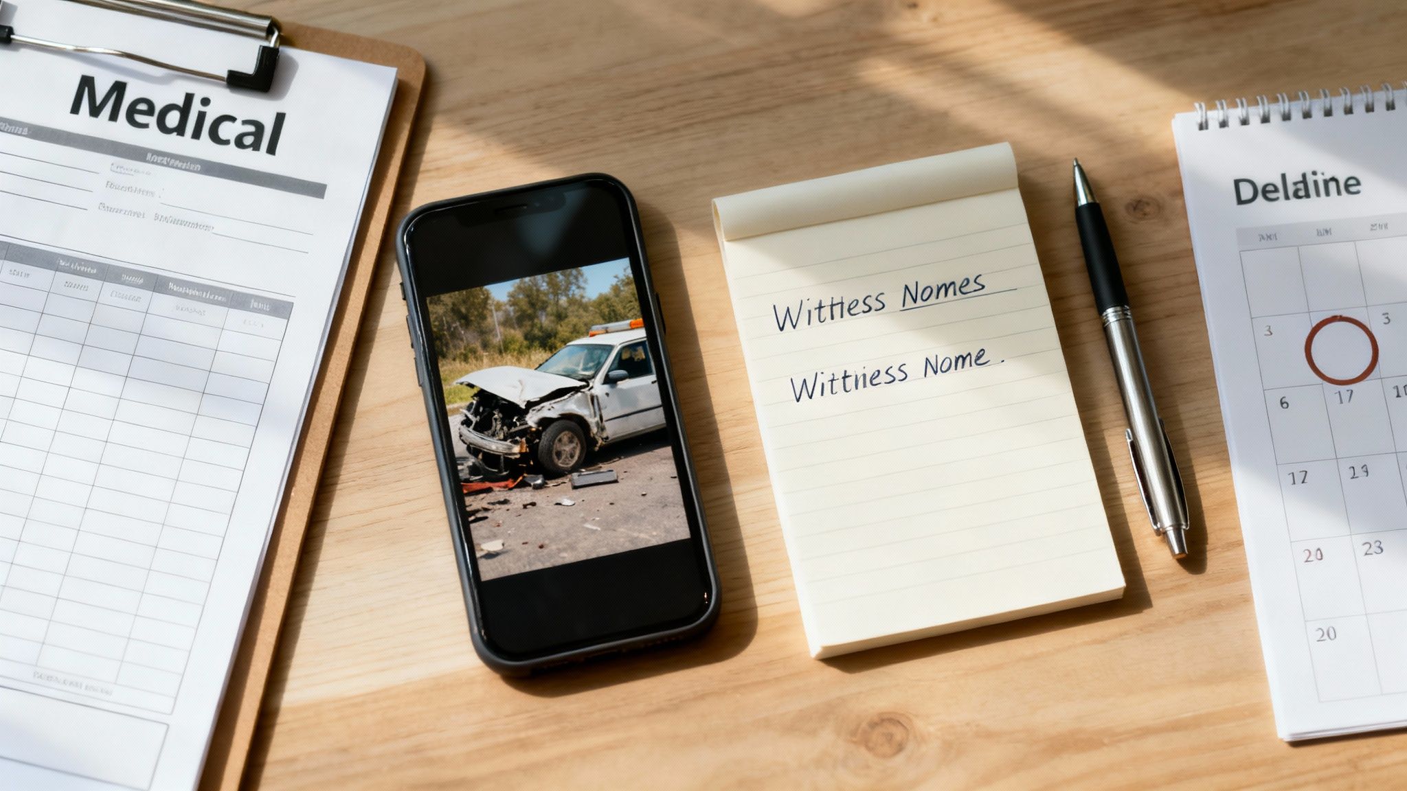 Desk setup with medical form, phone showing a crashed car, witness notes, pen, and calendar for accident claims.