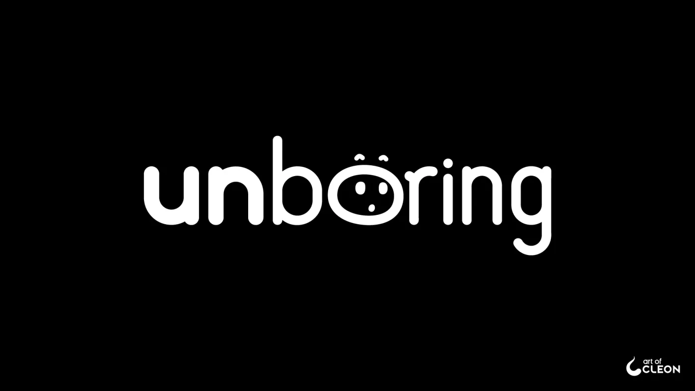 The white horizontal Unboring wordmark on black. Its “o” is a surprised face with raised brows, oval eyes, and a small open mouth.