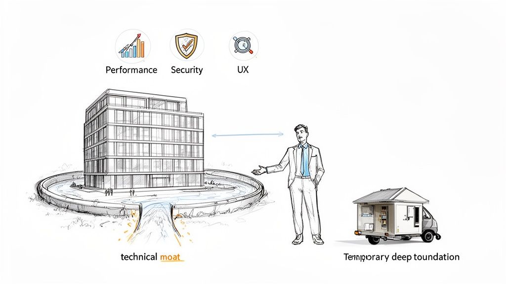 Diagram illustrating a robust technical moat (building) versus a temporary mobile foundation, with performance, security, UX.
