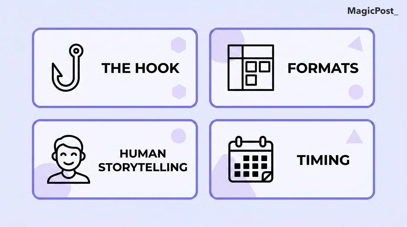 Infographic showing the four pillars of LinkedIn engagement: the hook, formats, human storytelling, and timing