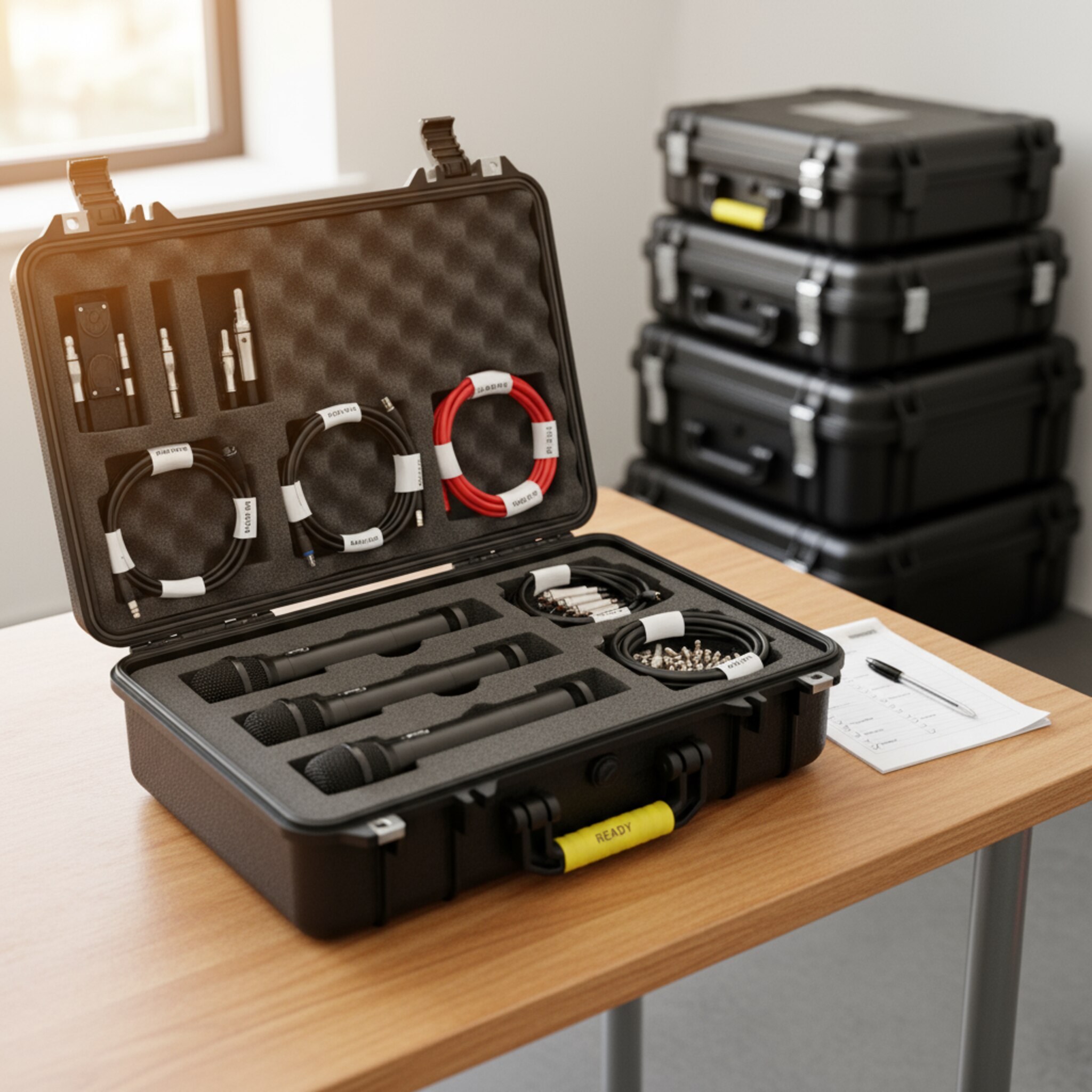 Ein stabiler Packtisch, darauf ein vollständig zusammengestelltes Demo-Kit in passgenauen Schaumstoffeinlagen: Handmikrofone, Adapter, Kabel und markierte Ersatzteile. Eine kurze Checkliste liegt daneben, ein gelbes Band kennzeichnet das Set als bereit. Warmes Licht fällt auf die Kante, im Hintergrund warten weitere schwarze Koffer.