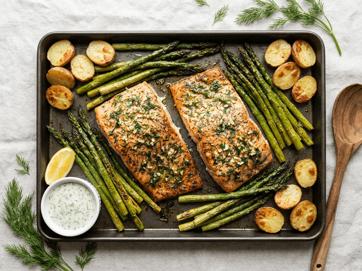 Sheet-pan salmon with asparagus and potatoes healthy dinner idea