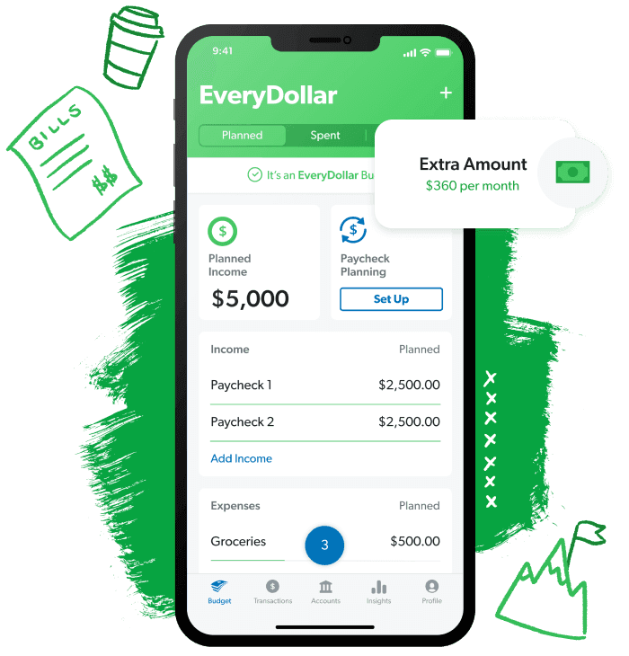 EveryDollar app shown on a desktop screen with a monthly budget dashboard, spending categories, and budget tracking details.