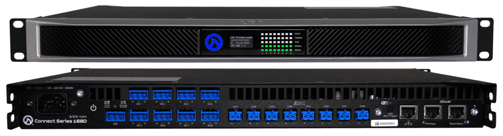 Rackmount audio amplifier, front and back view