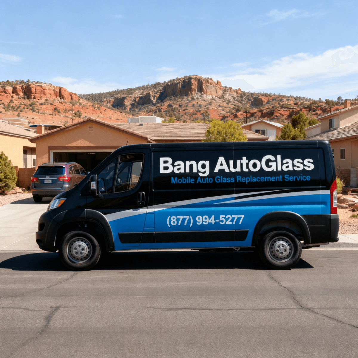 Bang AutoGlass van parked beneath Prescott's iconic red rock backdrop ready for a residential windshield replacement