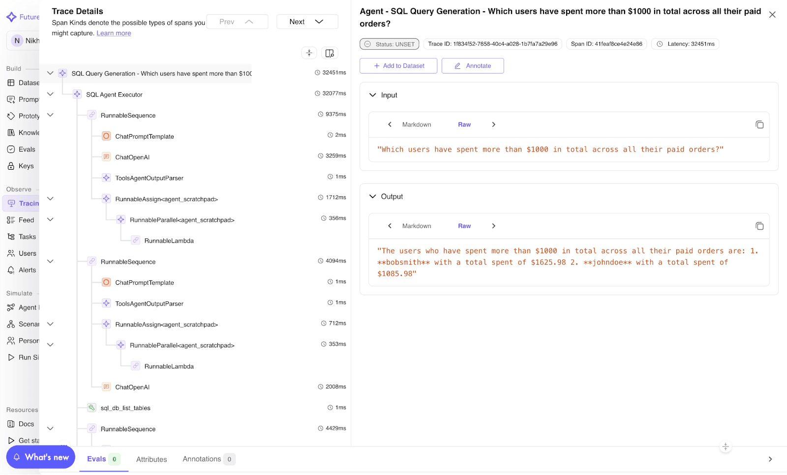 TraceAI observability dashboard showing AI agent trace spans for SQL query generation with execution times and workflow steps