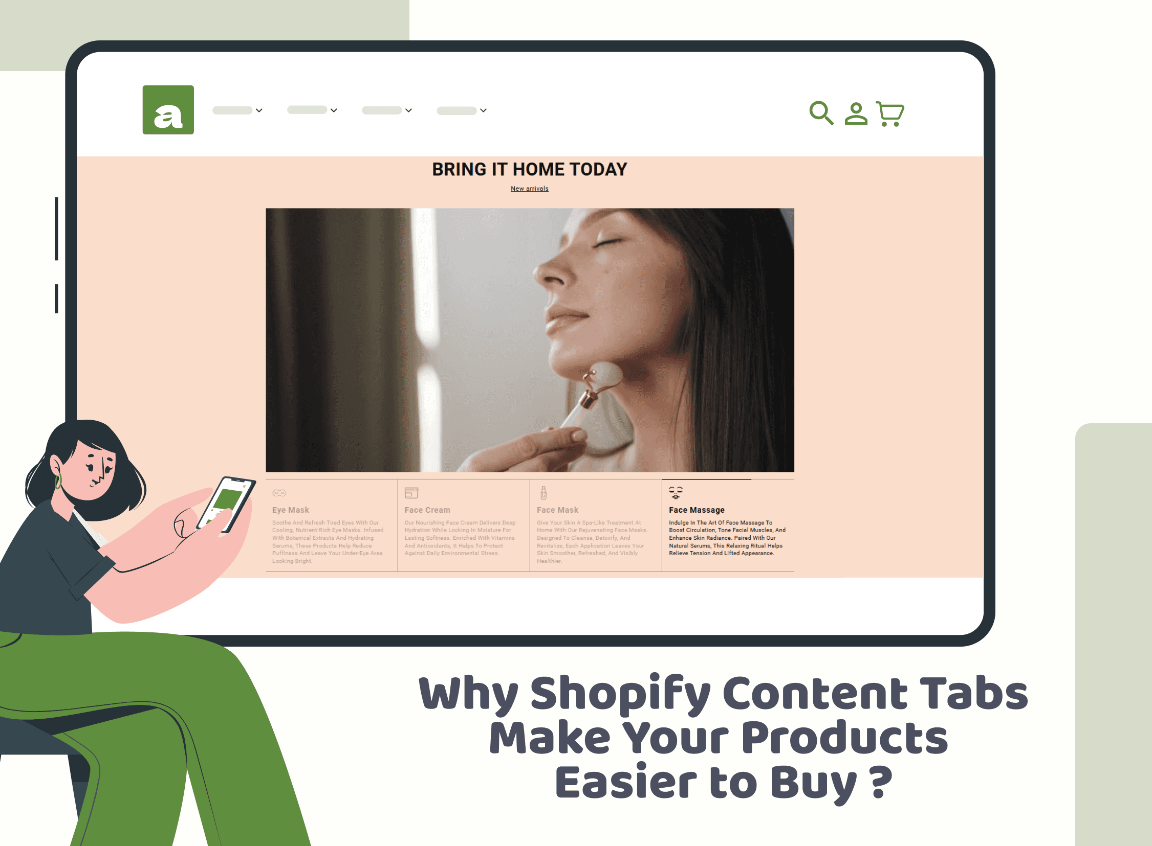 Shopify store page showing beauty products with Content Tabs