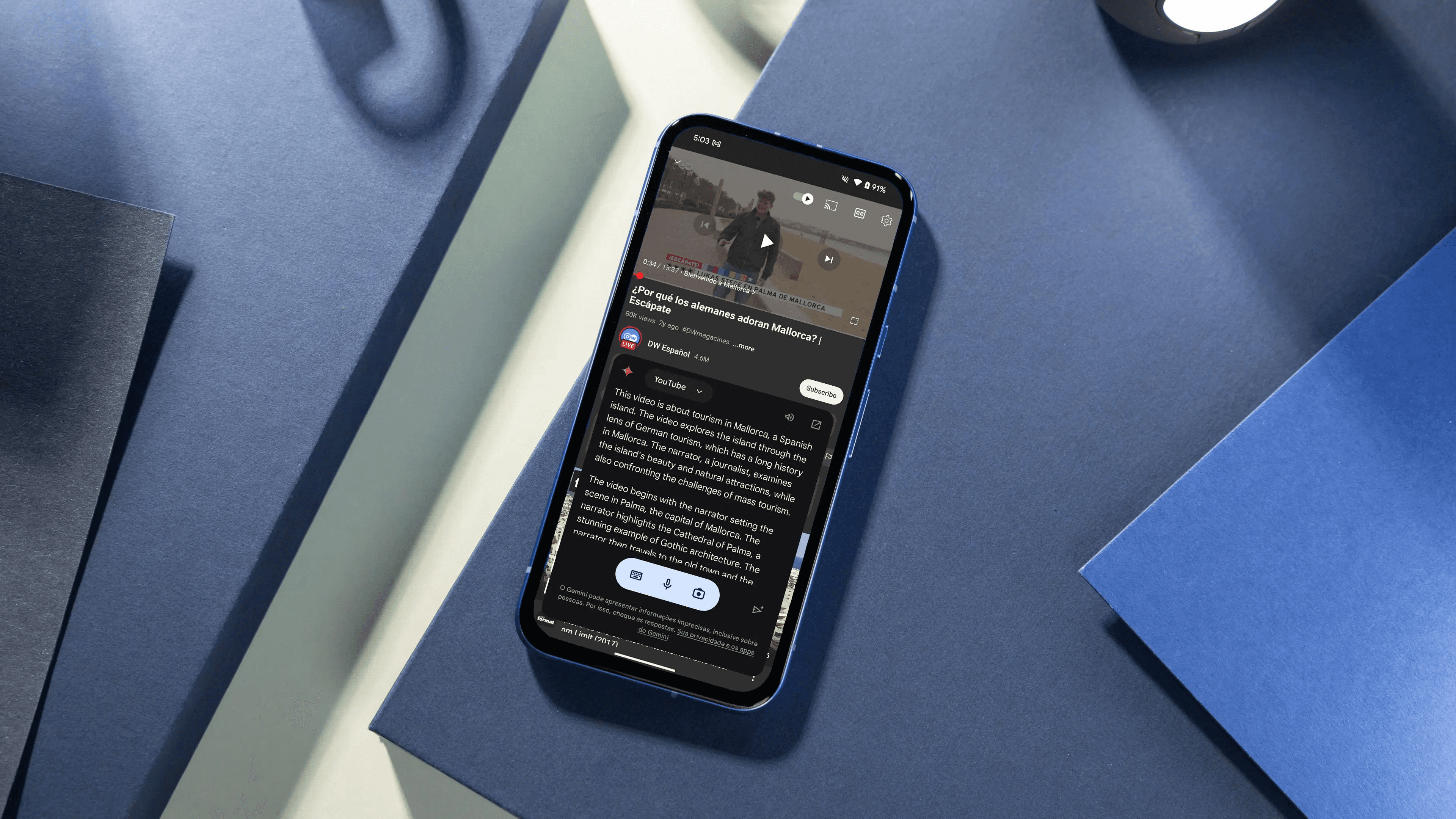 Cellphone displaying YouTube video and summary - Gemini YouTube Video Summarization Feature