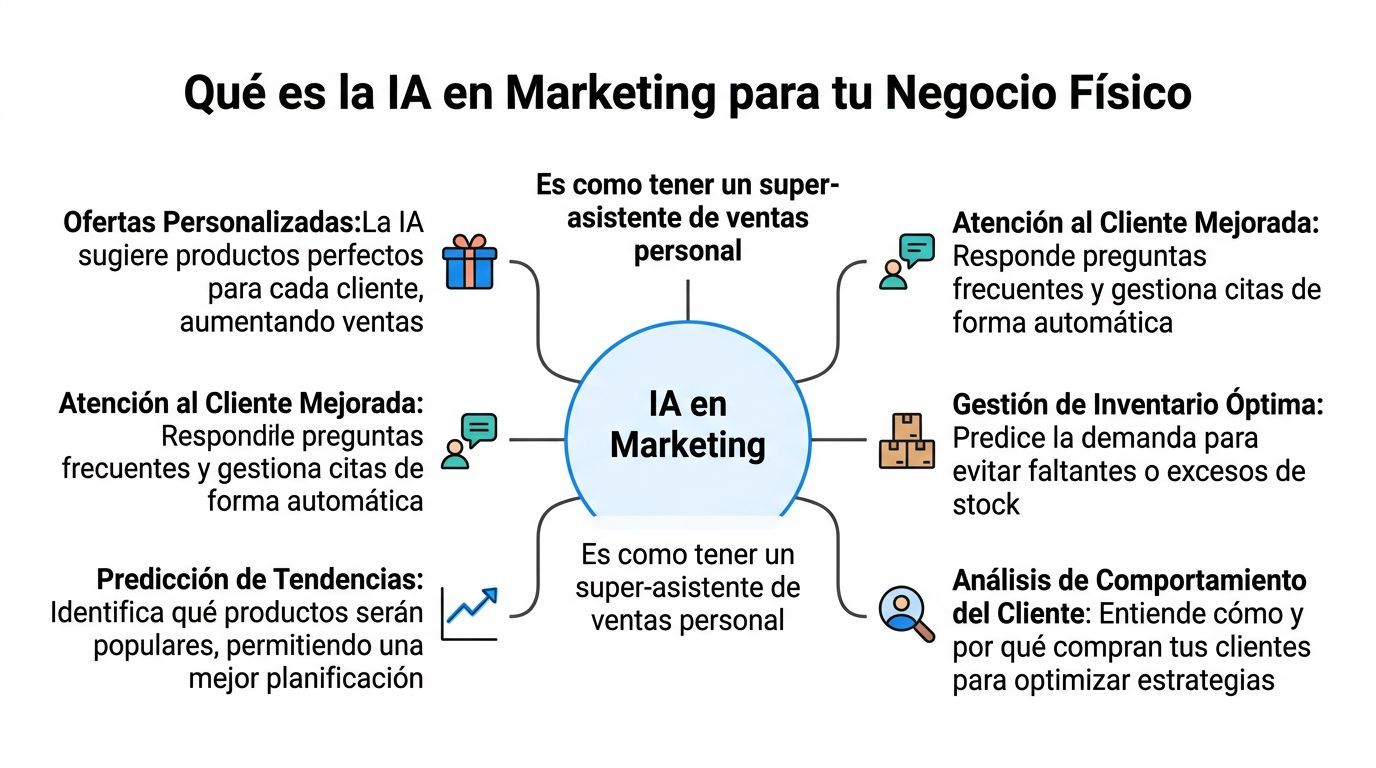 Diagrama explicativo sobre cómo la inteligencia artificial mejora las estrategias de marketing en negocios físicos.