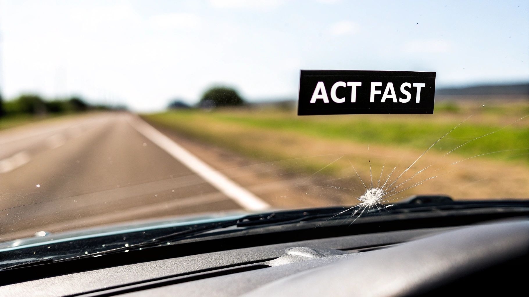 View from inside a car showing a chipped windshield, 'ACT FAST' sticker, and a road stretching ahead.